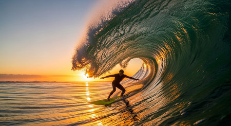 Surfer in ocean wave at sunset. Surfer in ocean wave at sunset.の素材