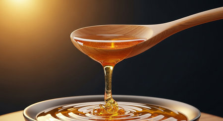 Honey dripping from a wooden honey dipper into a bowl. 3d renderingの素材