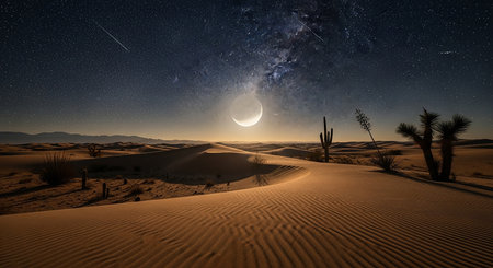 Desert with starry sky and moon. 3d rendering.の素材