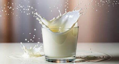 splashing milk in a glass on a white table with a blurred backgroundの素材