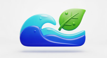 Ecology concept with blue and green water drop and leaf on white backgroundの素材