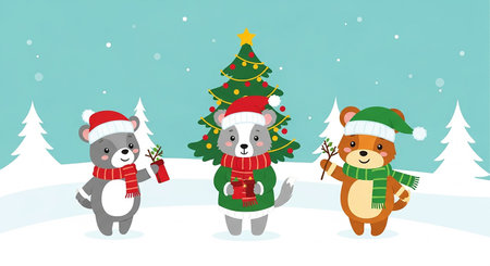 Cute cartoon animals and Christmas tree. Vector illustration in flat style.の素材