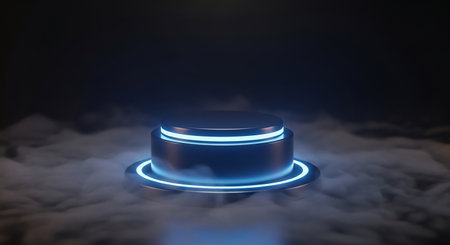 3d rendering of podium with neon lights and smoke on dark backgroundの素材