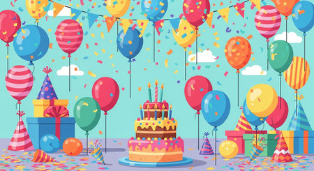 Birthday party background with balloons, gift boxes and cake. Vector illustrationの素材