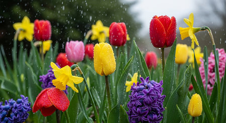 Colorful tulips and hyacinths in the rain.の素材