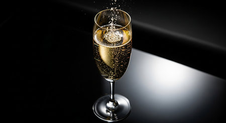 glass of champagne on a black background with bubbles, close-upの素材