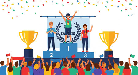 Winner podium with people celebrating victory. Vector illustration. Flat style design.の素材