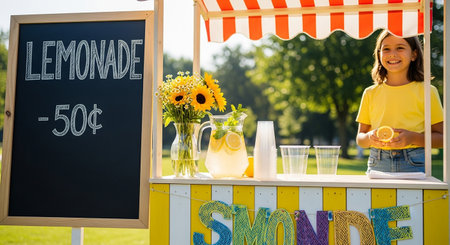 Cute little girl smiling at camera while standing near stand with lemonade in parkの素材