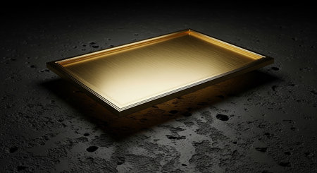 Gold tray on a black background. 3D illustration. 3D CG. High resolution.の素材