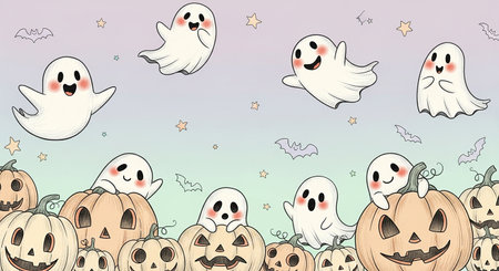 Seamless pattern with cute ghosts and pumpkins. Vector illustration.の素材