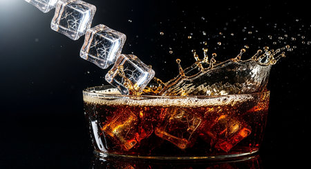 ice cubes falling into a glass of cola with ice cubes on a black backgroundの素材