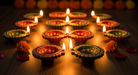 Indian festival Diwali, Diya oil lamps lit on colorful rangoli. Hindu traditional. Happy Deepavali. Copy space for text.の素材