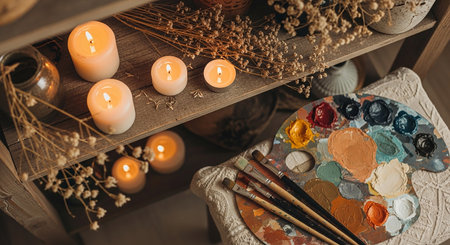 Wooden shelf with paintbrushes, candles and dried flowers.の素材