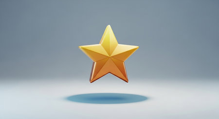 Golden star icon on blue background. 3d rendering. Computer digital drawing.の素材