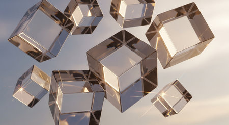 3d illustration of abstract geometric composition, cubes flying in the airの素材