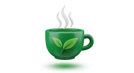 Green cup of tea with leaves on a white background. 3d renderingの素材