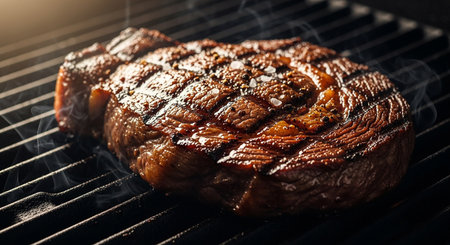 Grilled beef steak on a barbecue grill, close-up.の素材