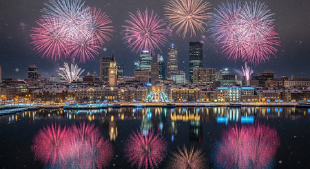 Panoramic view of Boston skyline with fireworks, Massachusetts, USA.の素材