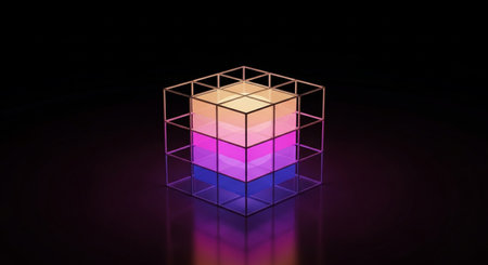 3d illustration of cube over black background with reflection, neon lightの素材