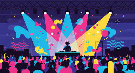 Concert crowd in front of the stage. Vector illustration in flat styleの素材