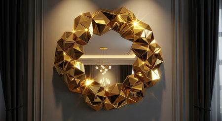 3d render of golden Christmas wreath hanging on the wall in roomの素材