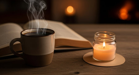 Cup of coffee with book and candle on wooden table in front of fireplaceの素材