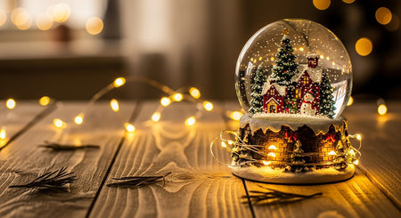 Christmas snow globe on a wooden table with bokeh lights backgroundの素材