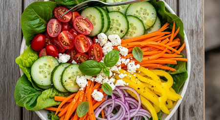 Fresh vegetable salad with tomato, cucumber, onion and feta cheeseの素材