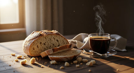 Cup of coffee and bread on wooden table at morning time.の素材