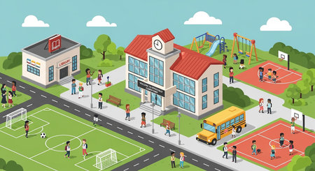 School isometric composition with children playing soccer on playground and school building vector illustrationの素材