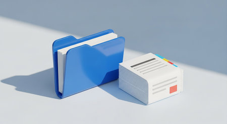 Blue folder with documents on a white background. 3D rendering.の素材