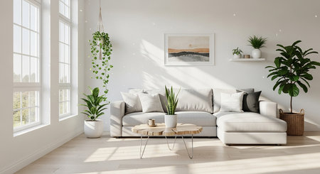 modern bright interiors apartment Living room mockup illustration 3D rendering computer generated imageの素材