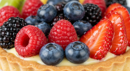 Close up of a tartlet with fresh berries. Whole background.の素材