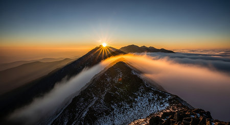 Sunrise over the clouds in the mountains. Tatra National Park, Polandの素材
