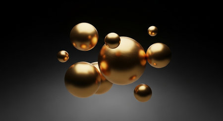 3d rendering of golden balls in dark space. Abstract background with flying spheres.の素材