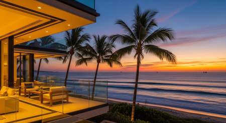 Tropical beach with palm trees at sunset, Florida, USAの素材