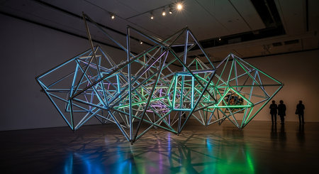 3D rendering of an abstract geometric shape in a modern art galleryの素材