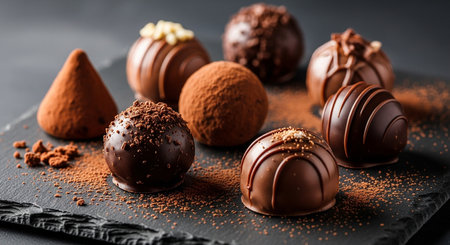chocolate truffles on a black background, close-upの素材