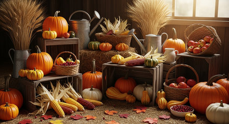 Autumn still life with pumpkins, corn and vegetables. 3d renderの素材