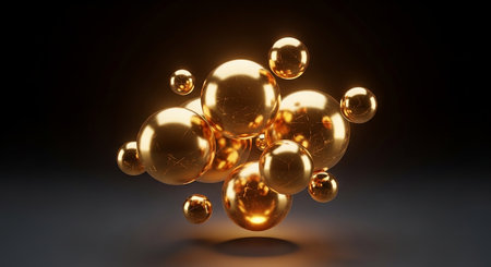 3d rendering of abstract golden balls in dark space with depth of fieldの素材