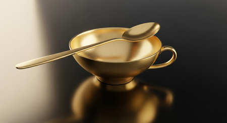 Golden bowl with spoon on black background. 3d render illustration.の素材