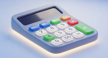 Calculator on a blue background. 3d render illustration.の素材