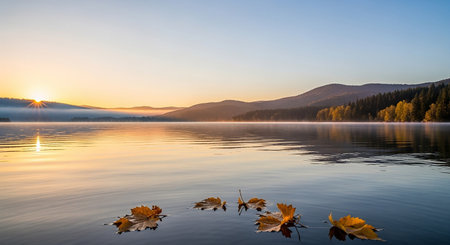 Autumn landscape with lake and mountains at sunset. Fall season.の素材