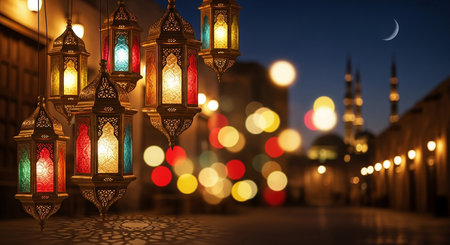 Ramadan Kareem islamic lanterns in the city at nightの素材