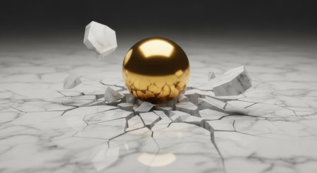 3d render of golden sphere on cracked ground. Concept of destruction.の素材