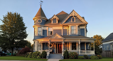 A large house with a gable roof in the evening light.の素材