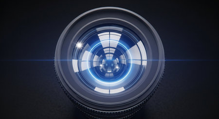 Digital composite of 3D camera lens with blue light over dark backgroundの素材