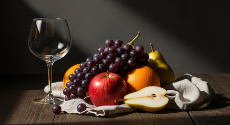 Still life with fresh fruits and wine glass on a dark background.の素材