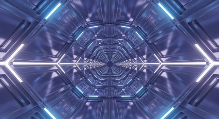 futuristic scifi tunnel corridor with glowing lights 3d rendering wallpaper backgroundの素材