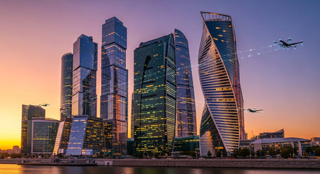 Moscow International Business Center (Moscow International Business Center) at sunset, Russiaの素材